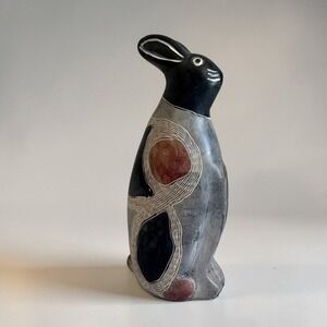 Hand Carved Kenyan Soapstone Rabbit Figurine Grey Black Etched Hare 6.25 Inch